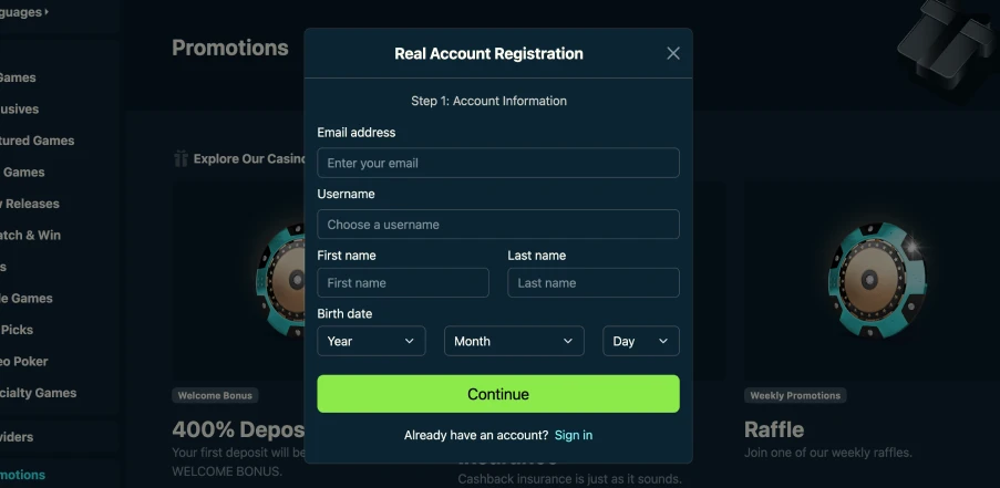 Dendera Casino Live Account Registration Form